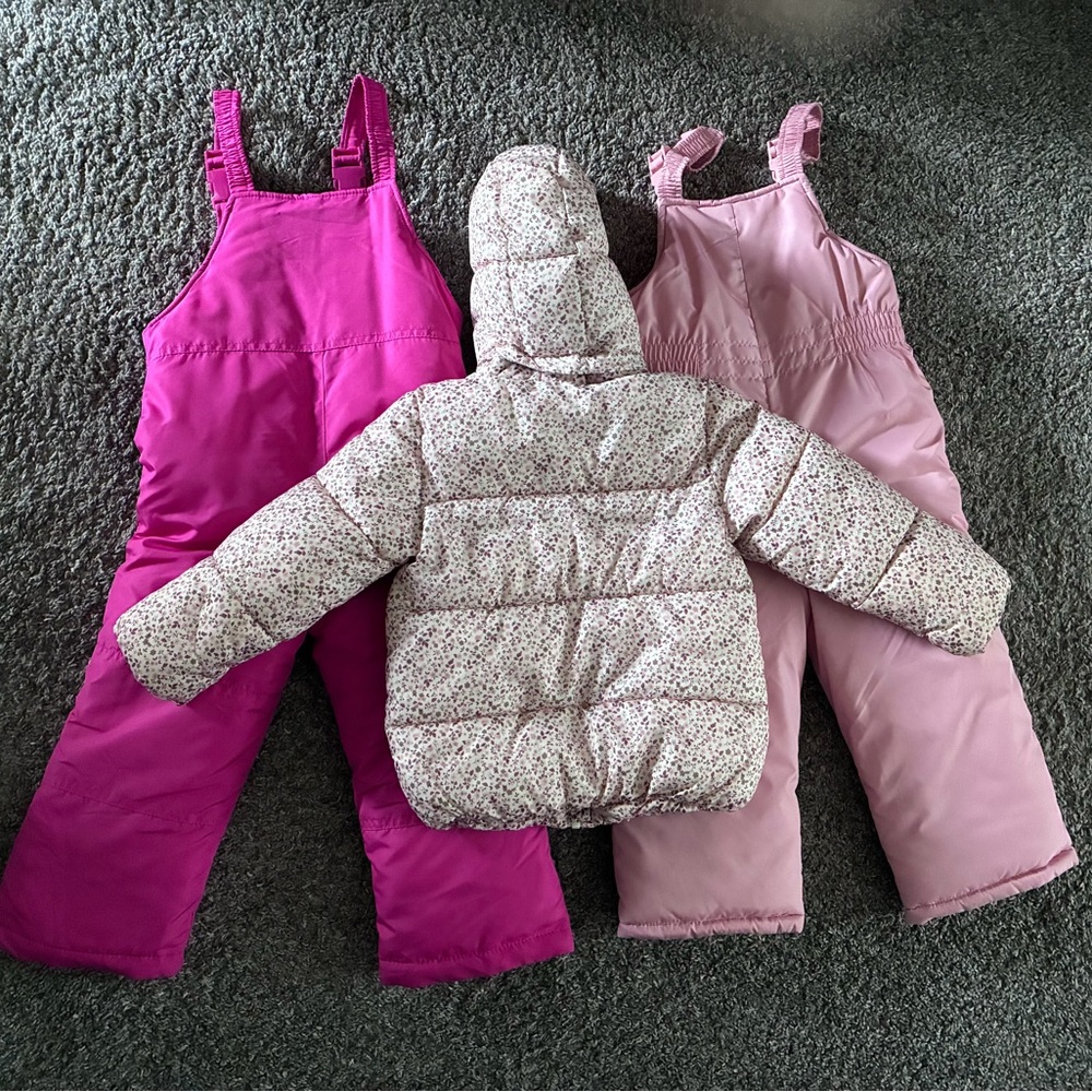 H&M Pink Floral Puffer Jacket, Carters Pink & London Fog Fuchsia Snow Bibs - Picture 2 of 2